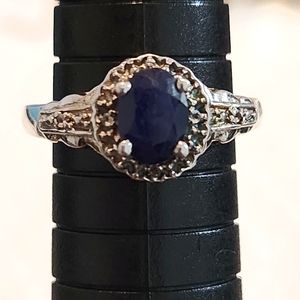 Blue Sapphire Sterling Silver Halo Ring. Size 6.75-7.
